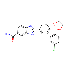 NC(=O)c1ccc2nc(-c3ccc(C4(c5ccc(Cl)cc5)OCCO4)cc3)[nH]c2c1 ZINC000038346857