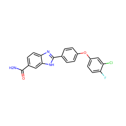 NC(=O)c1ccc2nc(-c3ccc(Oc4ccc(F)c(Cl)c4)cc3)[nH]c2c1 ZINC000135883863