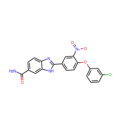 NC(=O)c1ccc2nc(-c3ccc(Oc4cccc(Cl)c4)c([N+](=O)[O-])c3)[nH]c2c1 ZINC000034341626