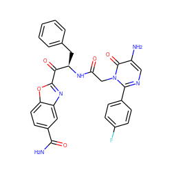 NC(=O)c1ccc2oc(C(=O)[C@@H](Cc3ccccc3)NC(=O)Cn3c(-c4ccc(F)cc4)ncc(N)c3=O)nc2c1 ZINC000028755368