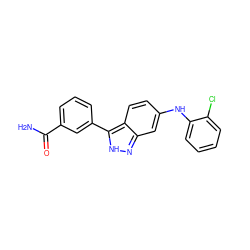 NC(=O)c1cccc(-c2[nH]nc3cc(Nc4ccccc4Cl)ccc23)c1 ZINC000028528372