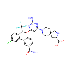 NC(=O)c1cccc(-c2cc(Cl)ccc2[C@@H](Oc2cc(N3CCC4(CC3)CN[C@H](C(=O)O)C4)nc(N)n2)C(F)(F)F)c1 ZINC001772616049