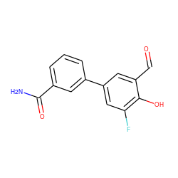 NC(=O)c1cccc(-c2cc(F)c(O)c(C=O)c2)c1 ZINC000144867425