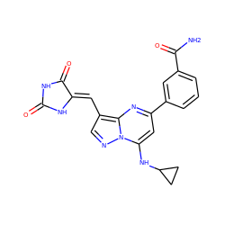 NC(=O)c1cccc(-c2cc(NC3CC3)n3ncc(/C=C4\NC(=O)NC4=O)c3n2)c1 ZINC000205013911