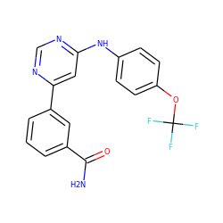 NC(=O)c1cccc(-c2cc(Nc3ccc(OC(F)(F)F)cc3)ncn2)c1 ZINC000013130939