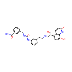 NC(=O)c1cccc(CNC(=O)Nc2cccc(CCNC[C@H](O)c3ccc(O)c4[nH]c(=O)ccc34)c2)c1 ZINC000066066488