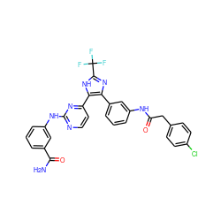 NC(=O)c1cccc(Nc2nccc(-c3[nH]c(C(F)(F)F)nc3-c3cccc(NC(=O)Cc4ccc(Cl)cc4)c3)n2)c1 ZINC000029043643