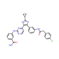 NC(=O)c1cccc(Nc2nccc(-c3[nH]c(C4CC4)nc3-c3cccc(NC(=O)Cc4ccc(Cl)cc4)c3)n2)c1 ZINC000029043720