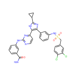 NC(=O)c1cccc(Nc2nccc(-c3[nH]c(C4CC4)nc3-c3cccc(NS(=O)(=O)Cc4ccc(Cl)c(Cl)c4)c3)n2)c1 ZINC000029042494