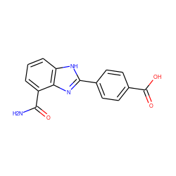 NC(=O)c1cccc2[nH]c(-c3ccc(C(=O)O)cc3)nc12 ZINC000013834541