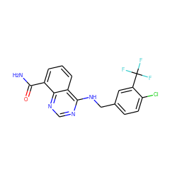 NC(=O)c1cccc2c(NCc3ccc(Cl)c(C(F)(F)F)c3)ncnc12 ZINC000114348285