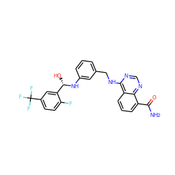 NC(=O)c1cccc2c(NCc3cccc(N[C@@H](O)c4cc(C(F)(F)F)ccc4F)c3)ncnc12 ZINC000166966377