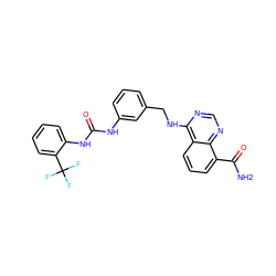 NC(=O)c1cccc2c(NCc3cccc(NC(=O)Nc4ccccc4C(F)(F)F)c3)ncnc12 ZINC000114346131