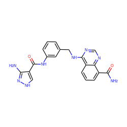 NC(=O)c1cccc2c(NCc3cccc(NC(=O)c4c[nH]nc4N)c3)ncnc12 ZINC000114346236