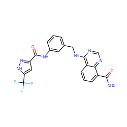 NC(=O)c1cccc2c(NCc3cccc(NC(=O)c4cc(C(F)(F)F)[nH]n4)c3)ncnc12 ZINC000114348625