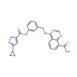 NC(=O)c1cccc2c(NCc3cccc(NC(=O)c4cc(C5CC5)n[nH]4)c3)ncnc12 ZINC000114348044