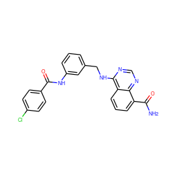 NC(=O)c1cccc2c(NCc3cccc(NC(=O)c4ccc(Cl)cc4)c3)ncnc12 ZINC000114346538