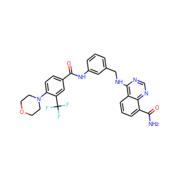 NC(=O)c1cccc2c(NCc3cccc(NC(=O)c4ccc(N5CCOCC5)c(C(F)(F)F)c4)c3)ncnc12 ZINC000114345466