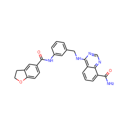 NC(=O)c1cccc2c(NCc3cccc(NC(=O)c4ccc5c(c4)CCO5)c3)ncnc12 ZINC000114347035