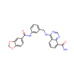 NC(=O)c1cccc2c(NCc3cccc(NC(=O)c4ccc5c(c4)OCO5)c3)ncnc12 ZINC000114349353