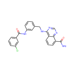 NC(=O)c1cccc2c(NCc3cccc(NC(=O)c4cccc(Cl)c4)c3)ncnc12 ZINC000114347264