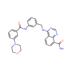 NC(=O)c1cccc2c(NCc3cccc(NC(=O)c4cccc(N5CCOCC5)c4)c3)ncnc12 ZINC000114345529