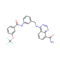 NC(=O)c1cccc2c(NCc3cccc(NC(=O)c4cccc(OC(F)(F)F)c4)c3)ncnc12 ZINC000114347803