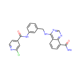 NC(=O)c1cccc2c(NCc3cccc(NC(=O)c4ccnc(Cl)c4)c3)ncnc12 ZINC000114345579