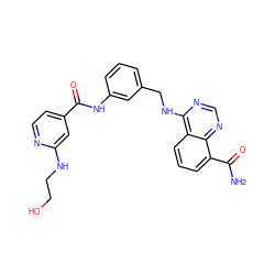 NC(=O)c1cccc2c(NCc3cccc(NC(=O)c4ccnc(NCCO)c4)c3)ncnc12 ZINC000166994864