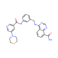 NC(=O)c1cccc2c(NCc3cccc(NC(=O)c4cncc(N5CCOCC5)c4)c3)ncnc12 ZINC000114347471