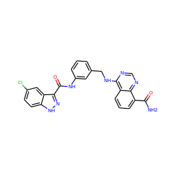 NC(=O)c1cccc2c(NCc3cccc(NC(=O)c4n[nH]c5ccc(Cl)cc45)c3)ncnc12 ZINC000114348239