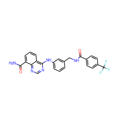 NC(=O)c1cccc2c(Nc3cccc(CNC(=O)c4ccc(C(F)(F)F)cc4)c3)ncnc12 ZINC000167020041