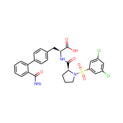 NC(=O)c1ccccc1-c1ccc(C[C@H](NC(=O)[C@@H]2CCCN2S(=O)(=O)c2cc(Cl)cc(Cl)c2)C(=O)O)cc1 ZINC000026650430