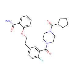 NC(=O)c1ccccc1OCCc1ccc(F)c(C(=O)N2CCN(C(=O)C3CCCC3)CC2)c1 ZINC000040919280