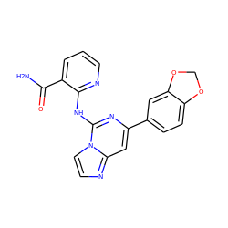 NC(=O)c1cccnc1Nc1nc(-c2ccc3c(c2)OCO3)cc2nccn12 ZINC001772626555