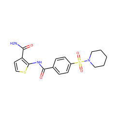 NC(=O)c1ccsc1NC(=O)c1ccc(S(=O)(=O)N2CCCCC2)cc1 ZINC000003383469