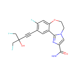 NC(=O)c1cn2c(n1)-c1cc(C#CC(O)(CF)CF)c(F)cc1OCC2 ZINC000215749401