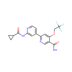 NC(=O)c1cnc(-c2ccnc(NC(=O)C3CC3)c2)cc1OCC(F)(F)F ZINC000299870556