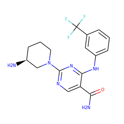 NC(=O)c1cnc(N2CCC[C@H](N)C2)nc1Nc1cccc(C(F)(F)F)c1 ZINC000072125176