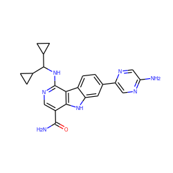 NC(=O)c1cnc(NC(C2CC2)C2CC2)c2c1[nH]c1cc(-c3cnc(N)cn3)ccc12 ZINC000072125117