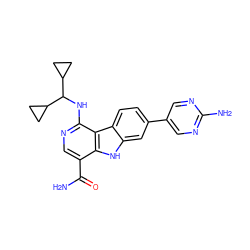 NC(=O)c1cnc(NC(C2CC2)C2CC2)c2c1[nH]c1cc(-c3cnc(N)nc3)ccc12 ZINC000043205753