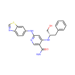 NC(=O)c1cnc(Nc2ccc3ncsc3c2)cc1N[C@H](CO)Cc1ccccc1 ZINC001772630193