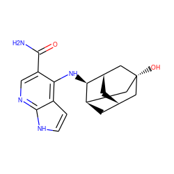 NC(=O)c1cnc2[nH]ccc2c1N[C@H]1[C@H]2C[C@H]3C[C@@H]1C[C@](O)(C3)C2 ZINC000146784326