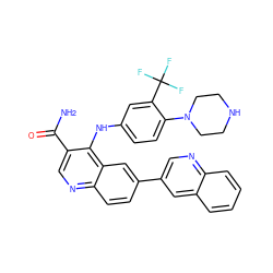 NC(=O)c1cnc2ccc(-c3cnc4ccccc4c3)cc2c1Nc1ccc(N2CCNCC2)c(C(F)(F)F)c1 ZINC000653757103