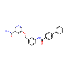 NC(=O)c1cncc(OCc2cccc(NC(=O)c3ccc(-c4ccccc4)cc3)c2)c1 ZINC000653878814