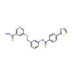 NC(=O)c1cncc(OCc2cccc(NC(=O)c3ccc(-c4nccs4)cc3)c2)c1 ZINC000653883085