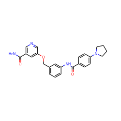 NC(=O)c1cncc(OCc2cccc(NC(=O)c3ccc(N4CCCC4)cc3)c2)c1 ZINC000653861880