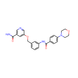 NC(=O)c1cncc(OCc2cccc(NC(=O)c3ccc(N4CCOCC4)cc3)c2)c1 ZINC000653861862