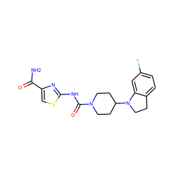 NC(=O)c1csc(NC(=O)N2CCC(N3CCc4ccc(F)cc43)CC2)n1 ZINC000103241476