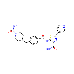 NC(=O)c1nc(-c2ccncc2)sc1NC(=O)c1ccc(CC2CCN(C(N)=O)CC2)cc1 ZINC000149942081